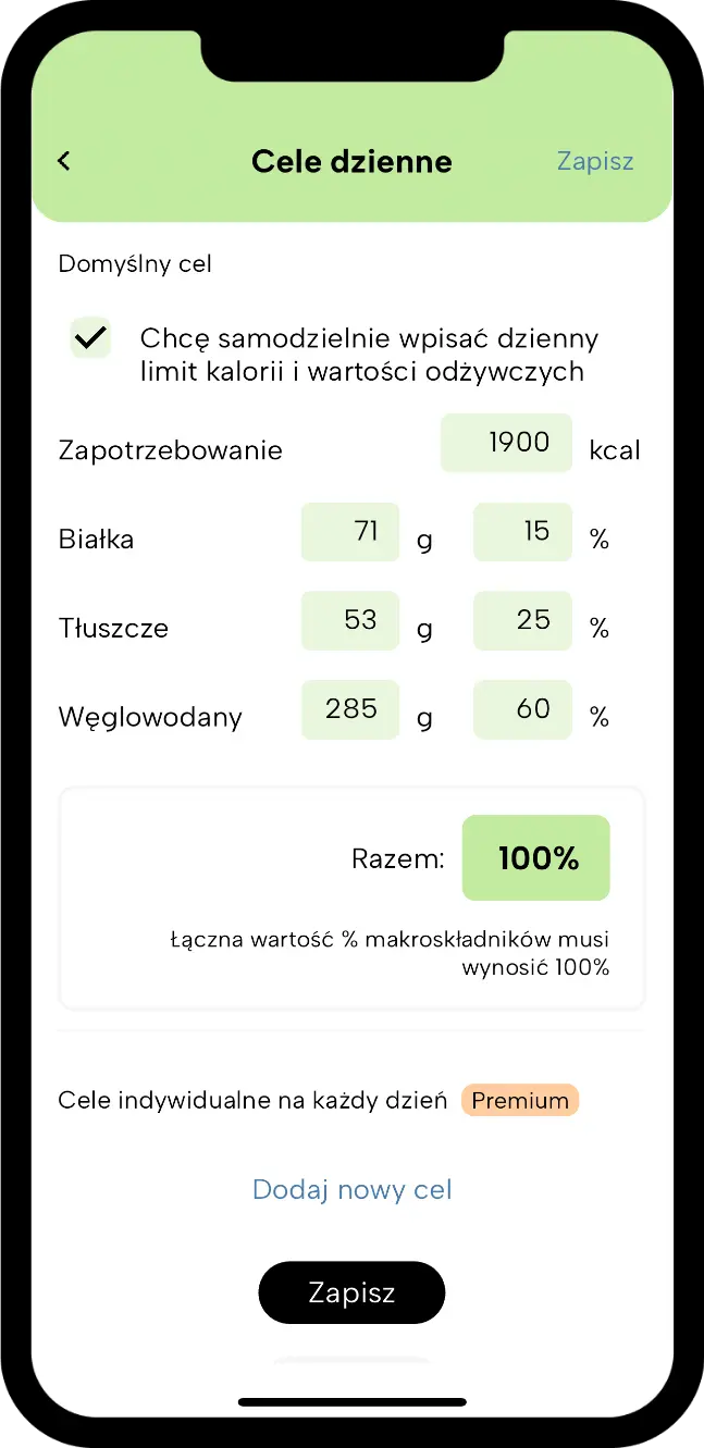 Ekran aplikacji Fitatu: cele i makroskładniki
