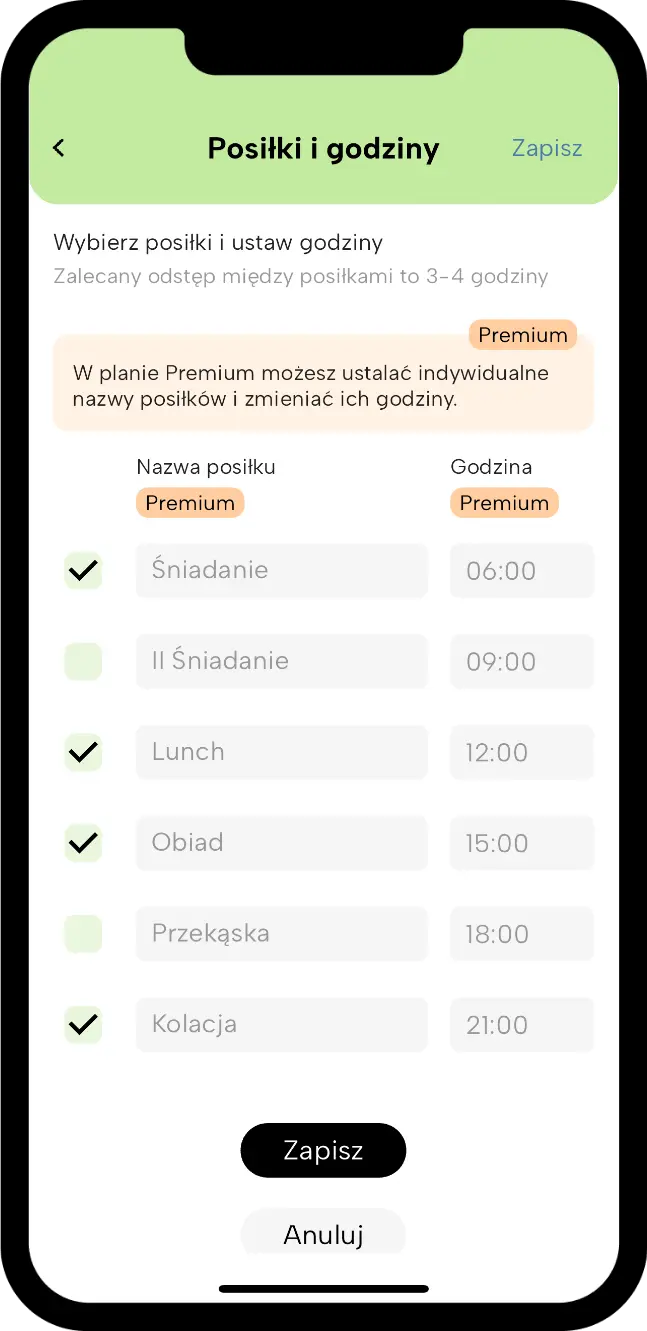 Ekran aplikacji Fitatu: posiłki i godziny