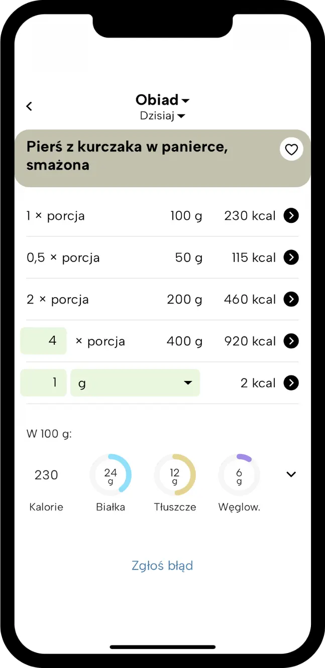 Ekran aplikacji Fitatu: polskie miary