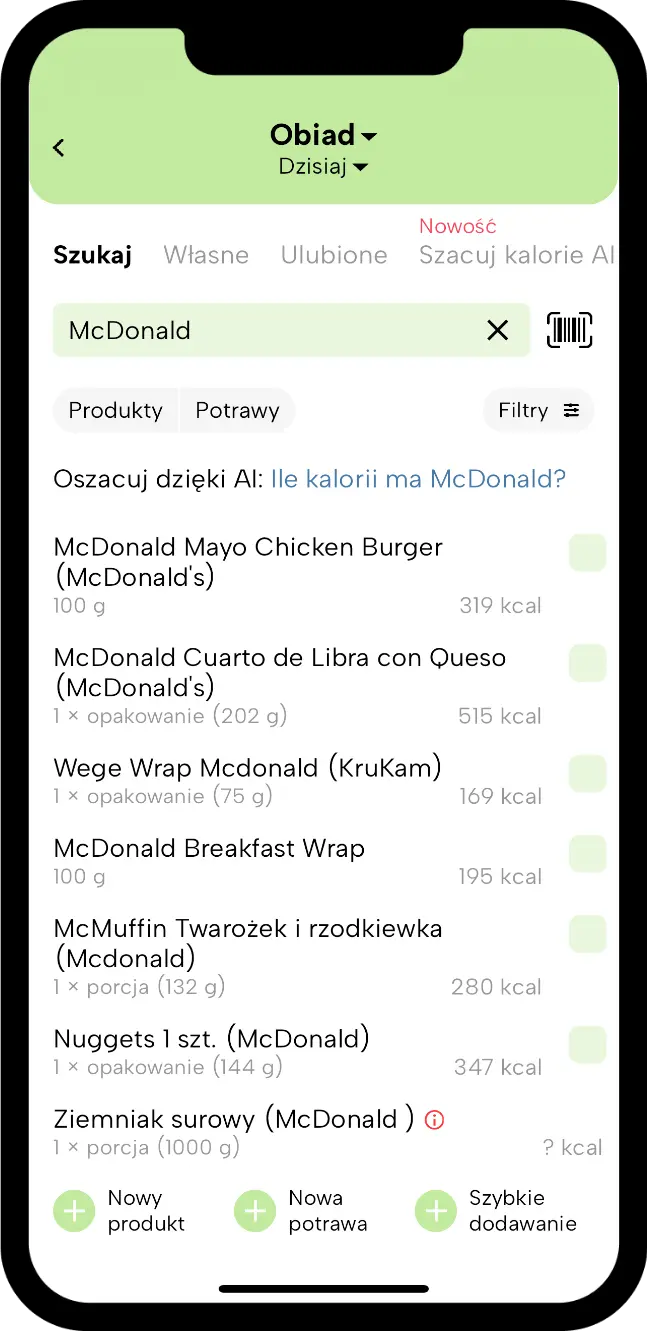 Ekran aplikacji Fitatu: baza produktów i potraw