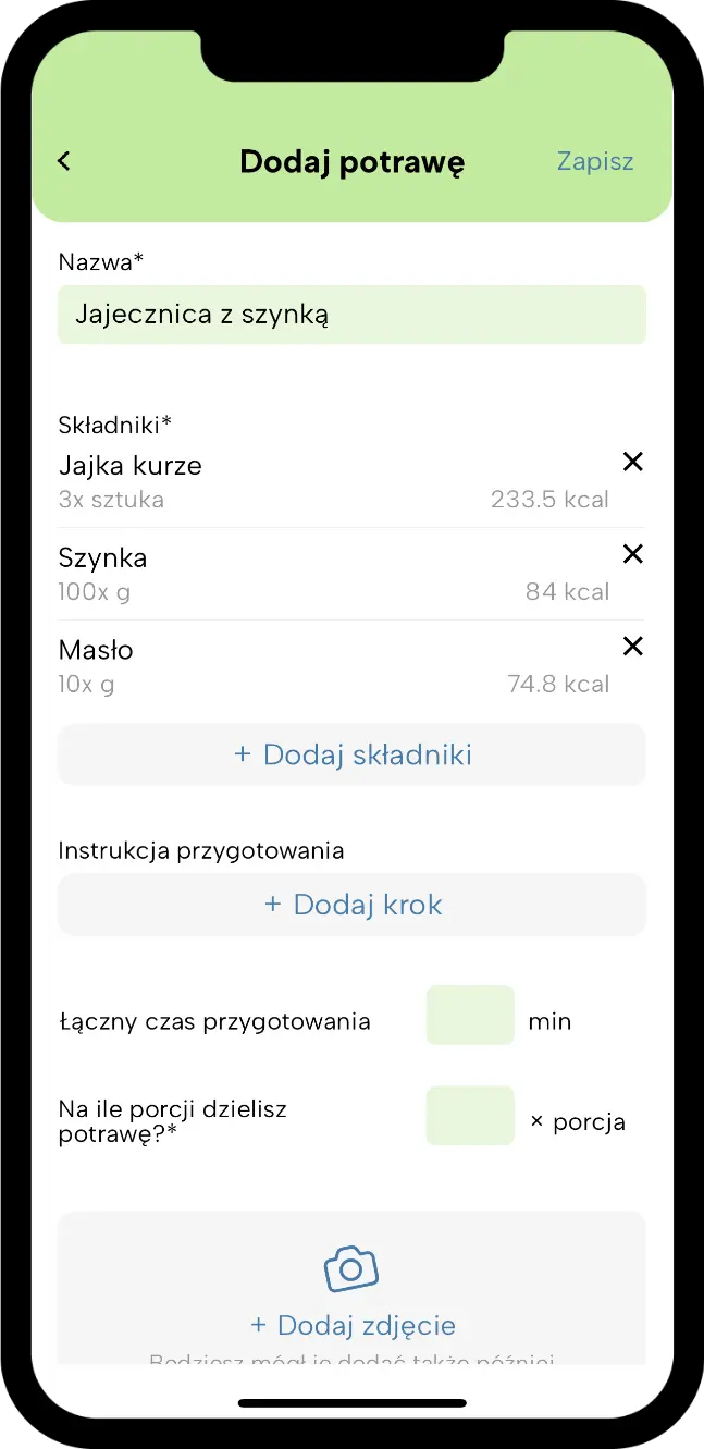 Ekran aplikacji Fitatu: własne potrawy