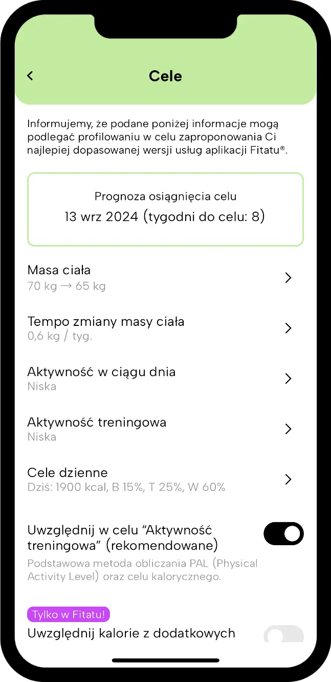 Ekran aplikacji Fitatu: prognoza postępów