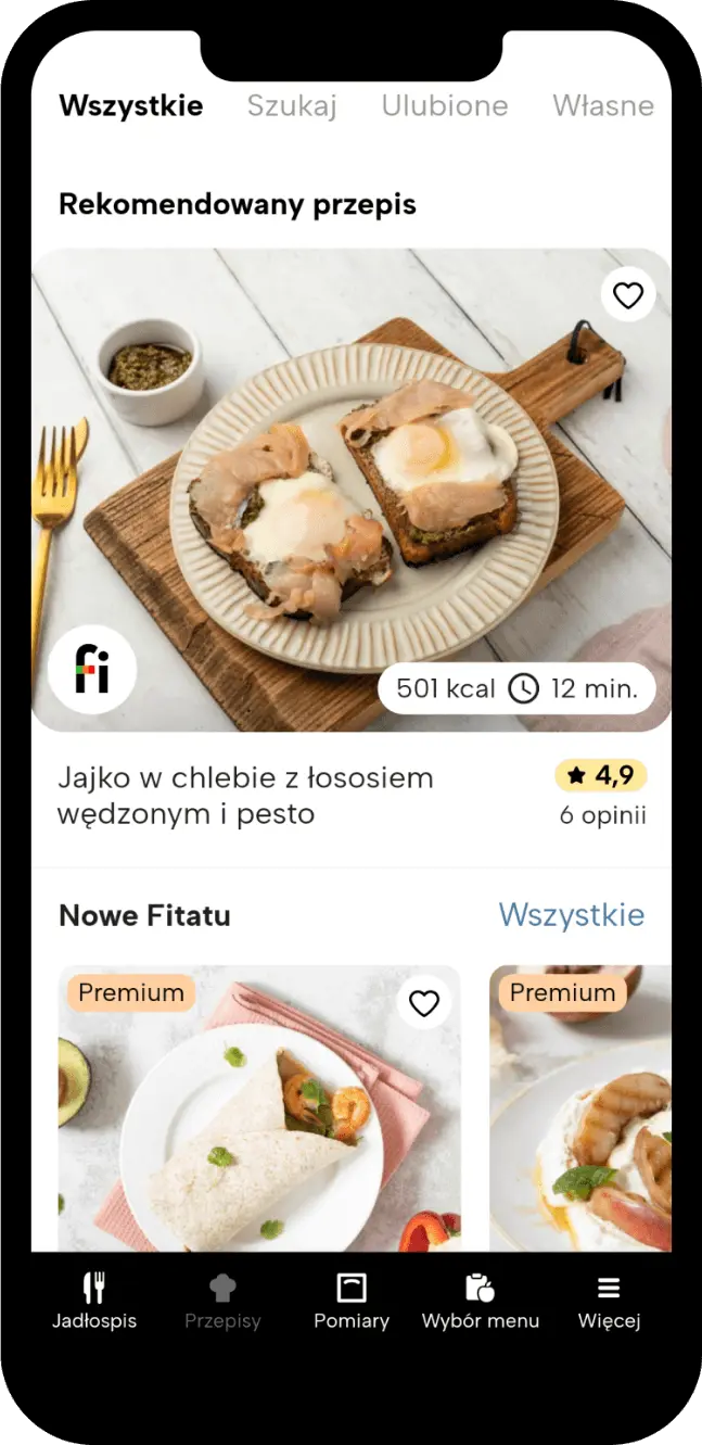 Ekran aplikacji Fitatu: przepisy z instrukcją